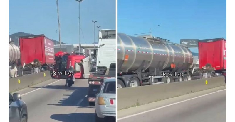 Cabine de carreta é arrancada após engavetamento/vai parar/pista contrária/BR-101 SC/causa/quilométricas/ambos/sentidos