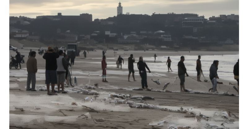 Cerca de 10 toneladas de tainhas são retiradas do mar na Praia da Esplanada, em Jaguaruna