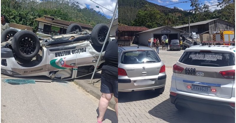 Colisão com carro provoca capotamento de viatura da PM em SC