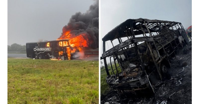 Ônibus de banda gaúcha pega fogo em Curitiba enquanto integrantes dormiam e fica completamente destruído