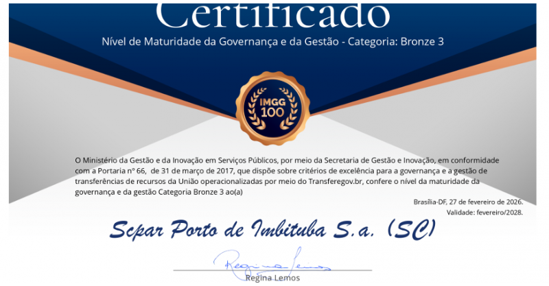 Porto de Imbituba conquista certificação de maturidade em Governança e Gestão do Governo Federal