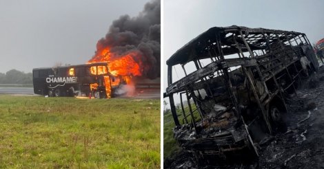 Ônibus de banda gaúcha pega fogo em Curitiba enquanto integrantes dormiam e fica completamente destruído
