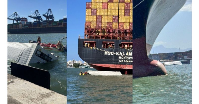 Três contêineres caem de navio atracado no Porto de Itajaí e vão parar no rio
