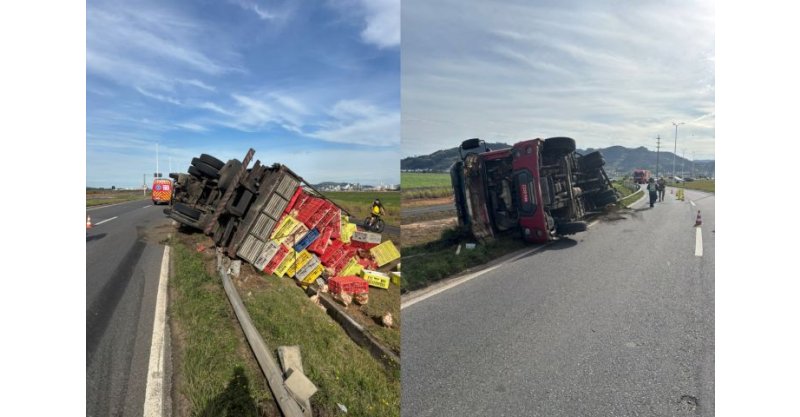Tubarão / Caminhão carregado com frangos tomba na Rodovia Ivane Fretta